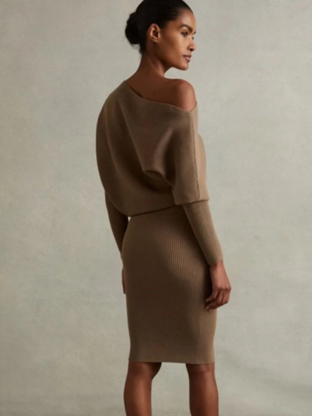 Reiss Lara Off The Shoulder Tan Midi Dress Small S